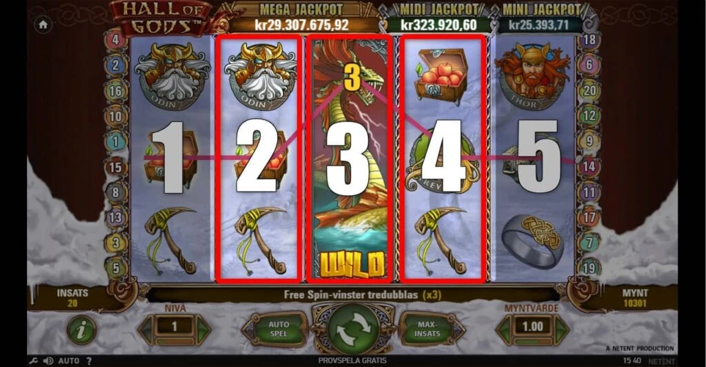 Hall of Gods slot vinstkombination för Wilds-symbol