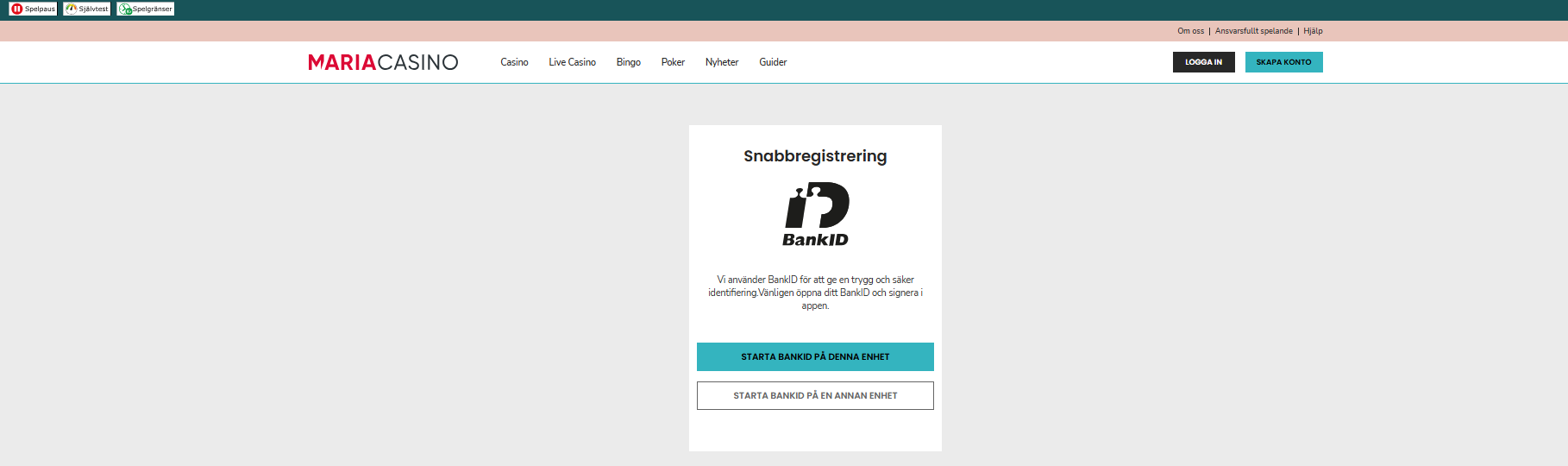 Snabbregistrering med BankID på Maria Casino.