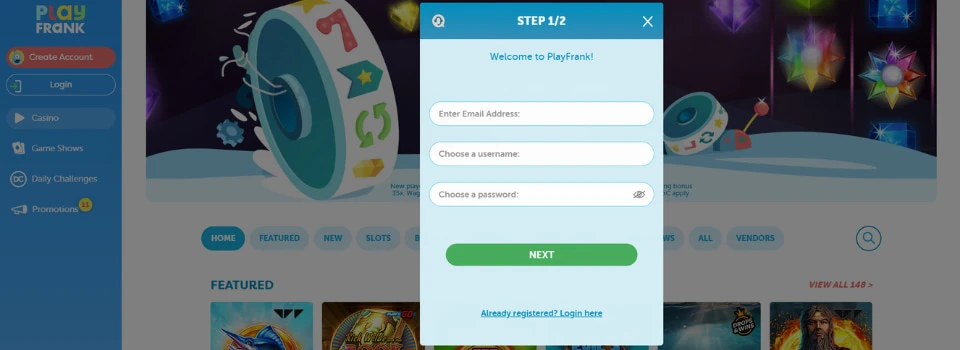 Registreringsformulär hos Play Frank Casino