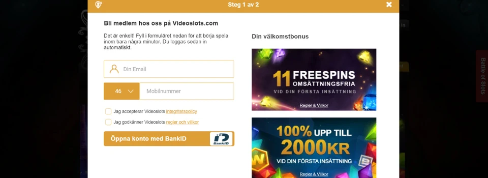 Videoslots Casino öppna konto med BankID
