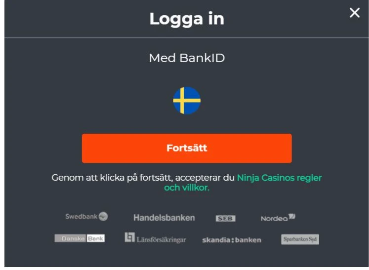 Ninja casino inloggningsvy med BankID