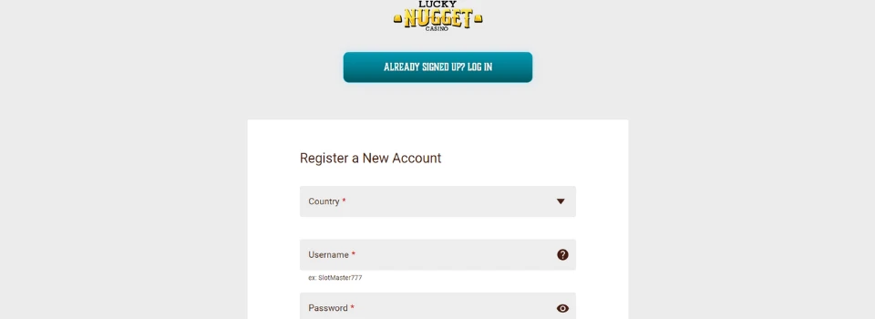 Lucky Nugget Casino registreringsfält