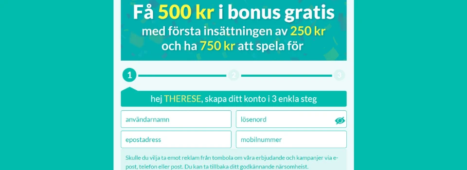 Tombola Casino skapa konto och fyll i information